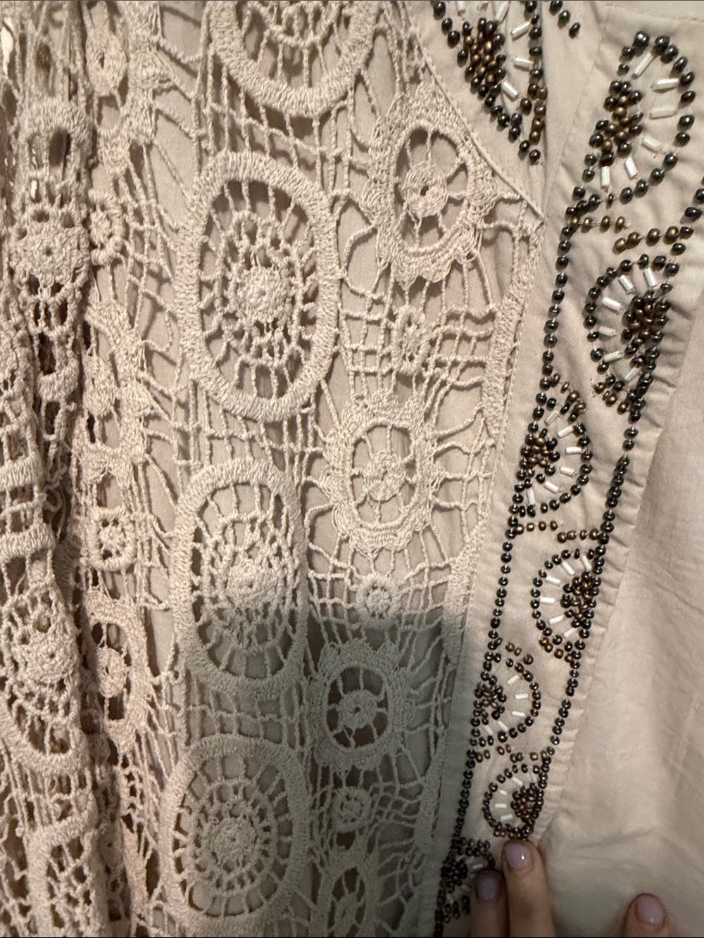 Peter Nygard Beige Crochet Knit Open-Front Beaded Cottagecore Bohemian Jacket - Picture 12 of 13